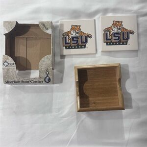 2 LSU TIGERS ABSORBENT STONE COASTERS & WOOD HOLDER.‎ READ DESCRIPTION.